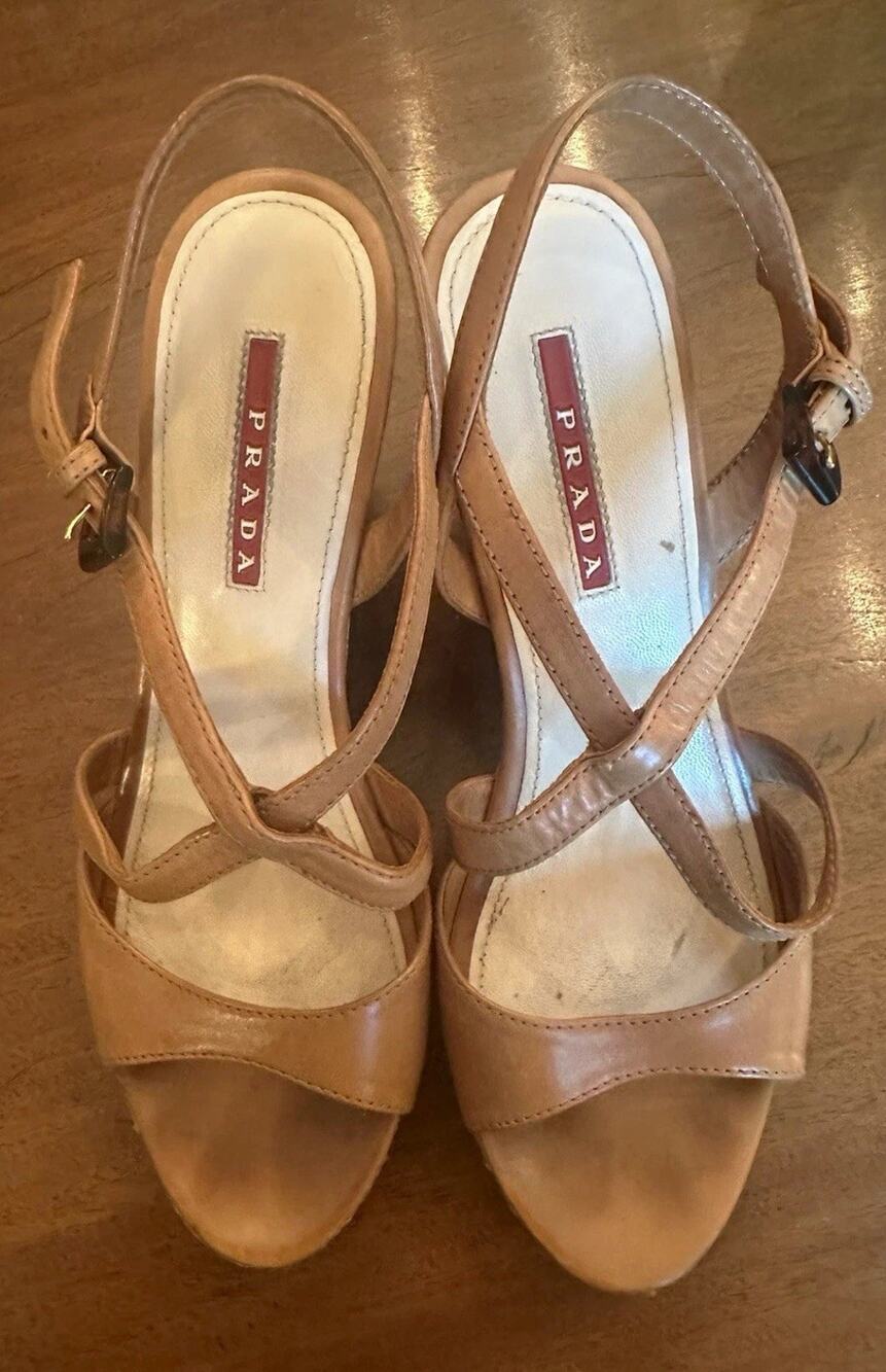 PRADA Womens Beige Leather Strappy Ankle Strap Buckle Wedge Sandals Size 8